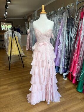 Sherri Hill Elegant Pink Tiered Lace Evening Dress